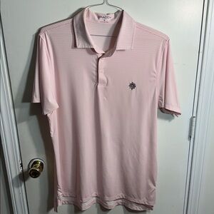 B. Draddy Sport Pink Striped Polo Shirt Golf Course Crest Men’s size Medium